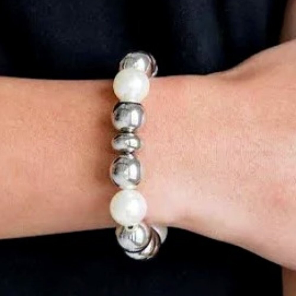 Elegant Faux Pearl & Silver Bead Bracelet